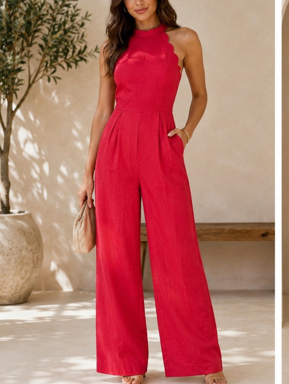Harper Heritage Scallop Trim Halter Wide-Leg Jumpsuit – NWT Size XXS